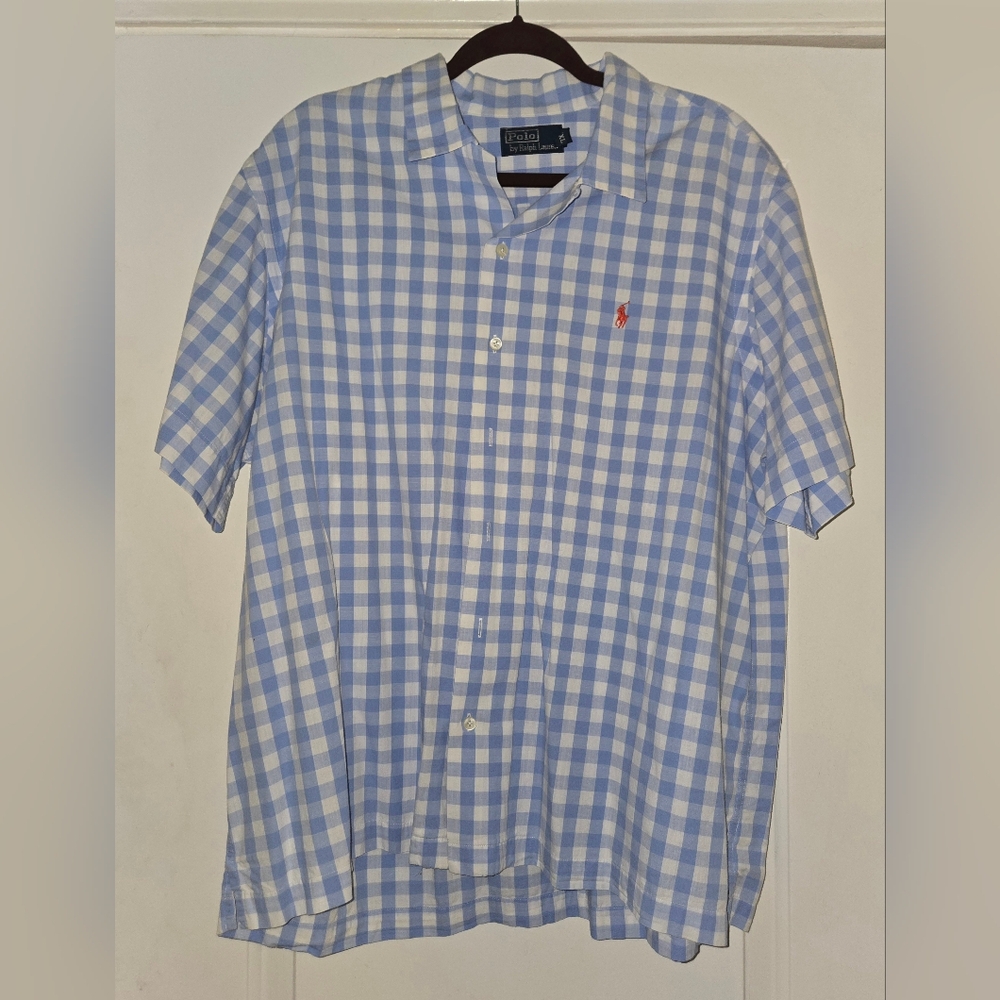 Polo by Ralph Lauren Blue White Checkered Men's Cotton Linen Shirt Size XL